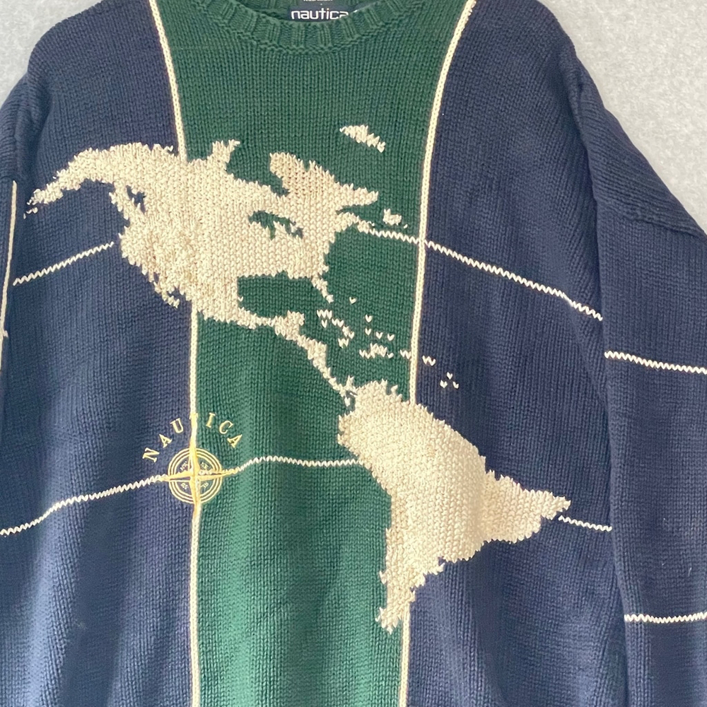 Vintage Y2K Nautica Handknit Map Sweater XXL Green Navy - Picture 2 of 8